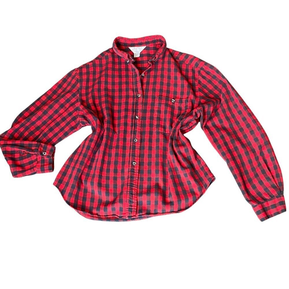 VTG 80s Model Cheryl Tiegs Cotton Flannel Plaid Button Down Shirt Missy 14 #355J